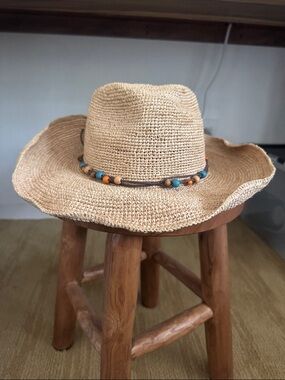 Woven Straw Beaded Band Sun Hat - Natural